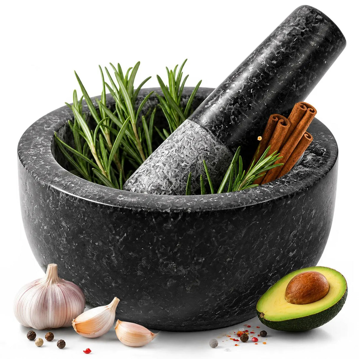 Granite Mortar and Pestle Set, 450ml Heavy Duty Stone Grinder Bowl with 17.5cm Pestle, Black, Manual Spice Grinder for Guacamole, Salsa, Pesto, Herbs, Spices, Nuts & Seeds