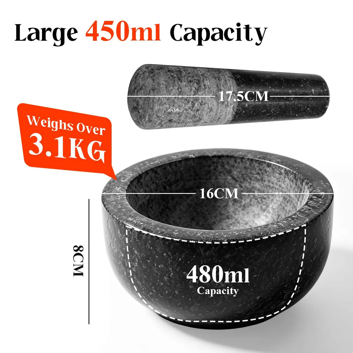 Granite Mortar and Pestle Set, 450ml Heavy Duty Stone Grinder Bowl with 17.5cm Pestle, Black, Manual Spice Grinder for Guacamole, Salsa, Pesto, Herbs, Spices, Nuts & Seeds - Image 2