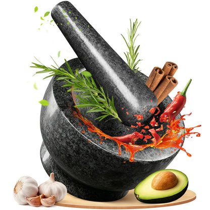 Granite Mortar and Pestle Set, 480ml Heavy Duty Stone Grinder Bowl with 15.5cm Pestle, Dark Grey, Manual Spice Grinder for Guacamole, Salsa, Pesto, Herbs, Spices, Nuts & Seeds