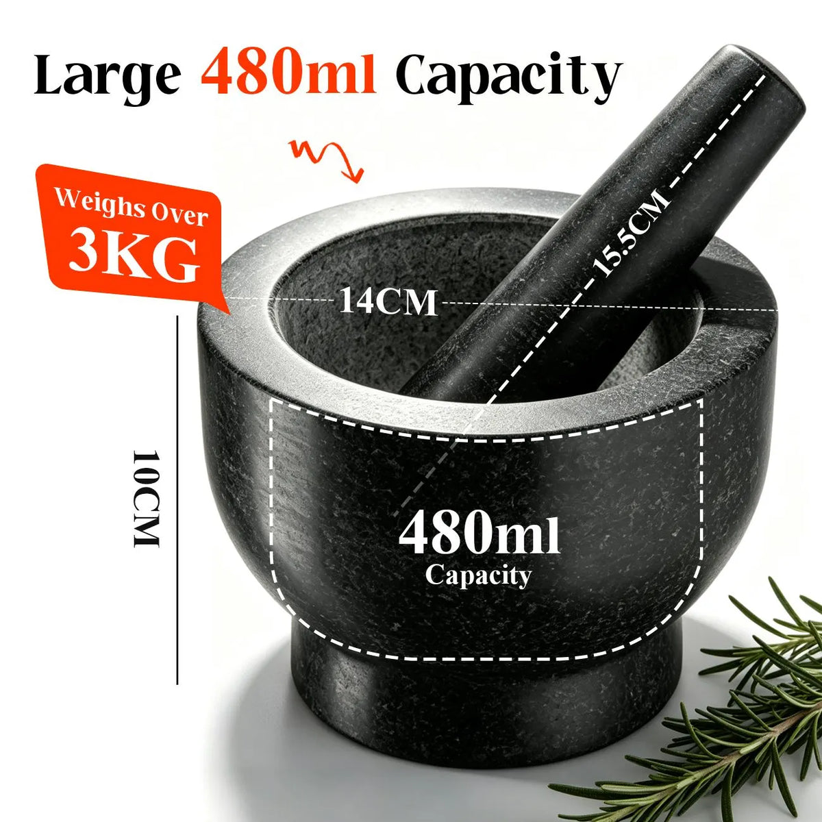 Granite Mortar and Pestle Set, 480ml Heavy Duty Stone Grinder Bowl with 15.5cm Pestle, Dark Grey, Manual Spice Grinder for Guacamole, Salsa, Pesto, Herbs, Spices, Nuts & Seeds - Image 2