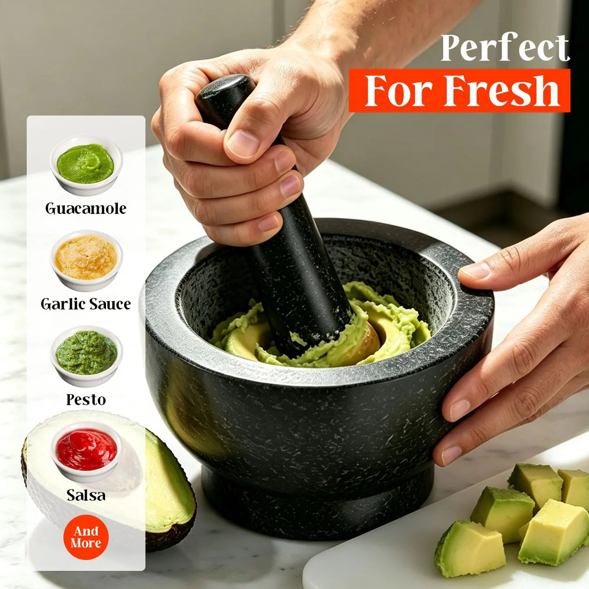 Granite Mortar and Pestle Set, 480ml Heavy Duty Stone Grinder Bowl with 15.5cm Pestle, Dark Grey, Manual Spice Grinder for Guacamole, Salsa, Pesto, Herbs, Spices, Nuts & Seeds - Image 3