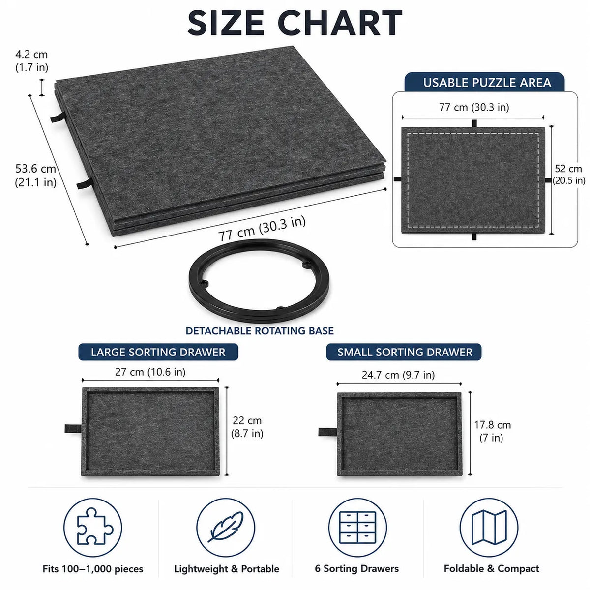 360° Rotating Jigsaw Puzzle Table, 2-in-1 Puzzle Board with Cover & Stand, 6 Drawers, Portable Felt Puzzle Tray for Up to 1000 Pieces - Image 2