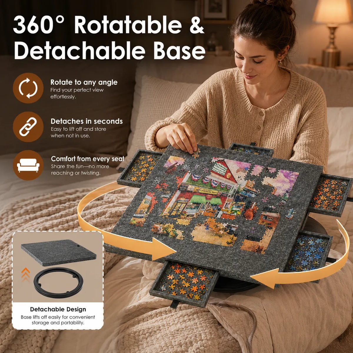 360° Rotating Jigsaw Puzzle Table, 2-in-1 Puzzle Board with Cover & Stand, 6 Drawers, Portable Felt Puzzle Tray for Up to 1000 Pieces - Image 4