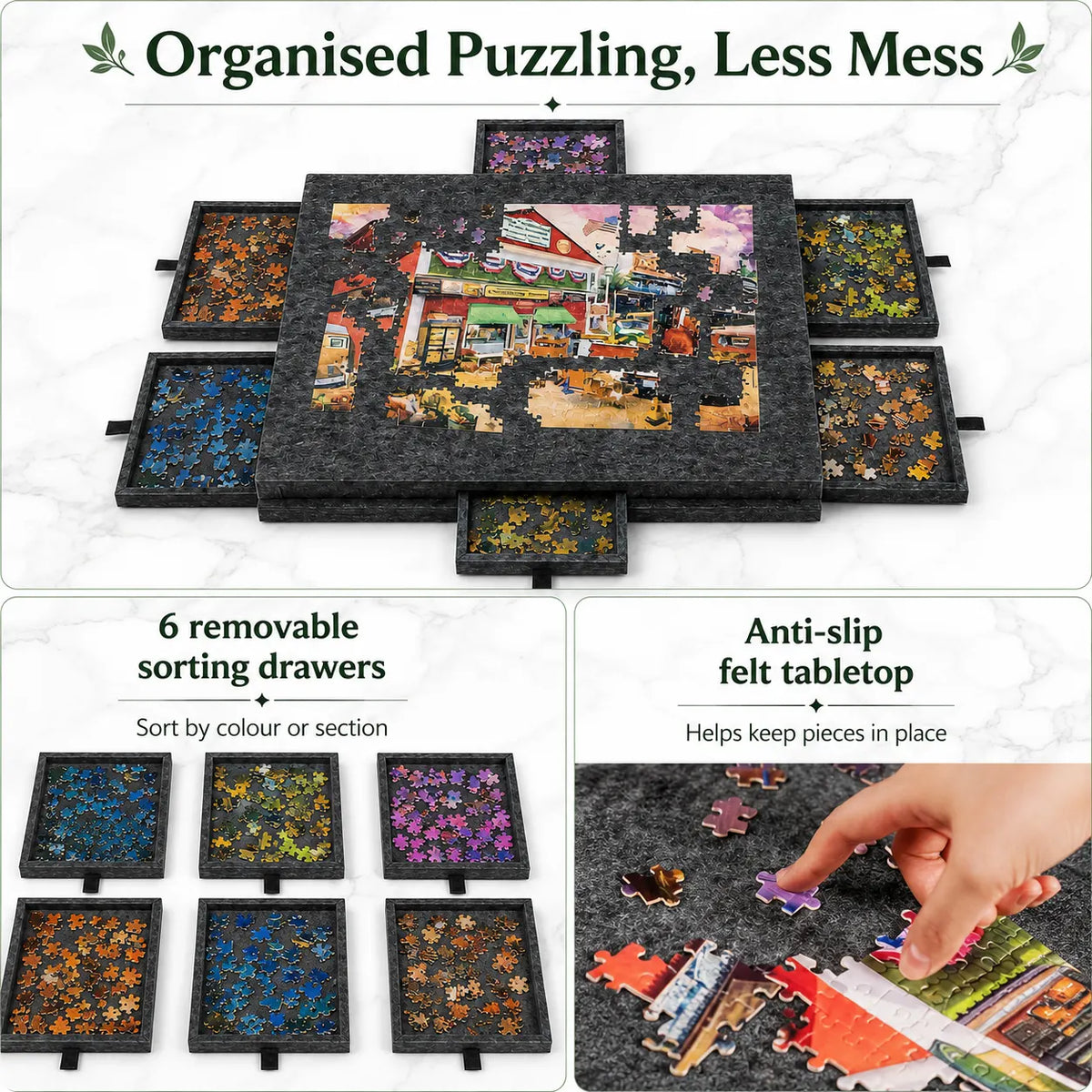 360° Rotating Jigsaw Puzzle Table, 2-in-1 Puzzle Board with Cover & Stand, 6 Drawers, Portable Felt Puzzle Tray for Up to 1000 Pieces - Image 5