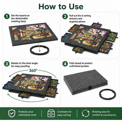 360° Rotating Jigsaw Puzzle Table, 2-in-1 Puzzle Board with Cover & Stand, 6 Drawers, Portable Felt Puzzle Tray for Up to 1000 Pieces - Image 8