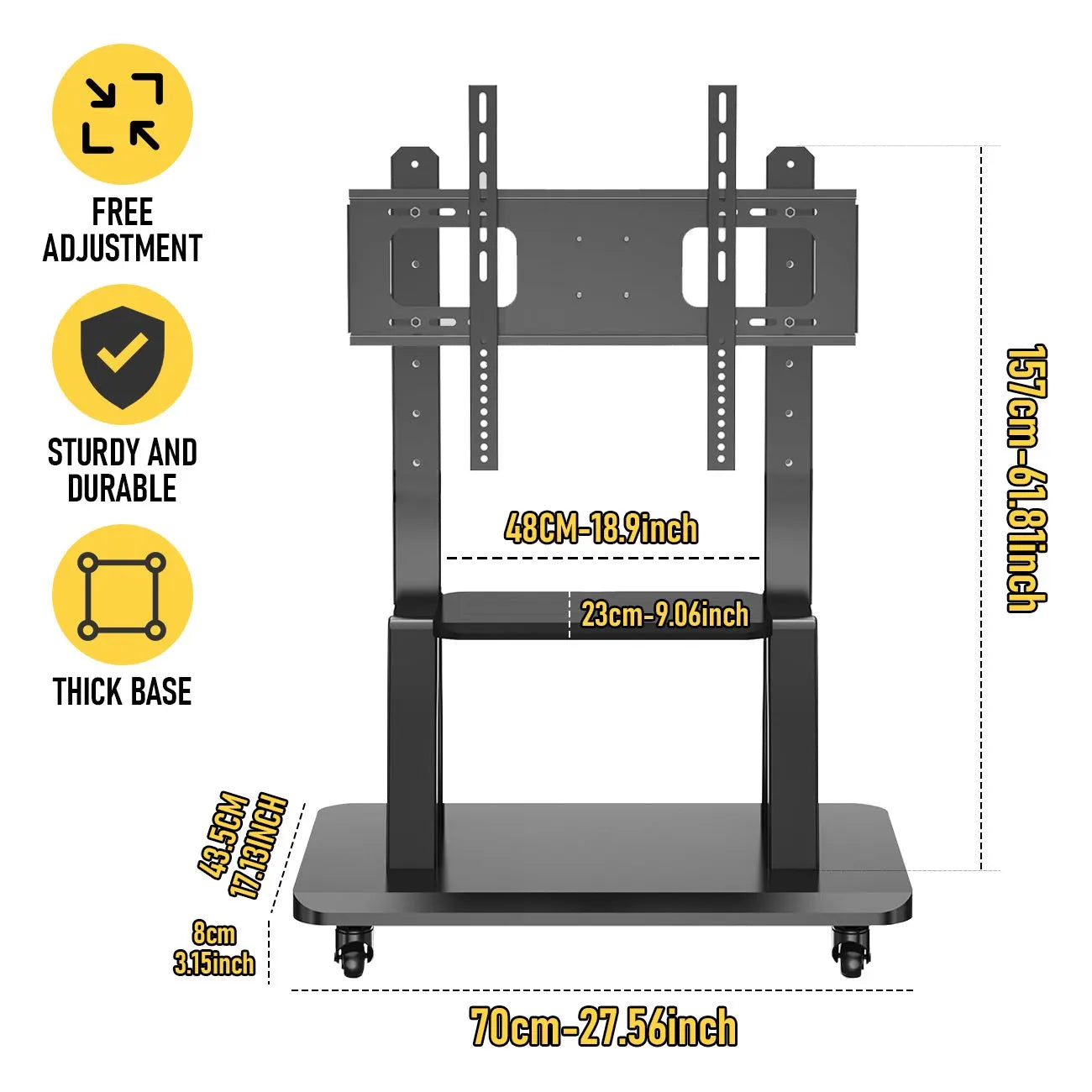 TV Stand for 32–70 Inch TVs with Projector Shelf, Lockable Wheels, Adjustable Height, Cable Management, Freestanding Steel Frame TV Cart Rolling Floor Stand For 32-70 Inch LCD LED OLED Flat Panel Screens Smartboard Movable Holds Up To 100lbs With Shelf Lo - Image 2