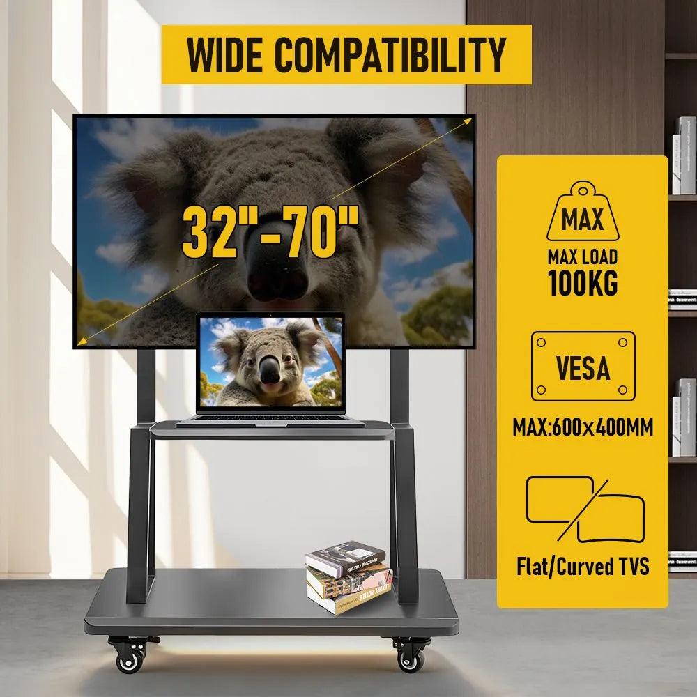 TV Stand for 32–70 Inch TVs with Projector Shelf, Lockable Wheels, Adjustable Height, Cable Management, Freestanding Steel Frame TV Cart Rolling Floor Stand For 32-70 Inch LCD LED OLED Flat Panel Screens Smartboard Movable Holds Up To 100lbs With Shelf Lo - Image 7