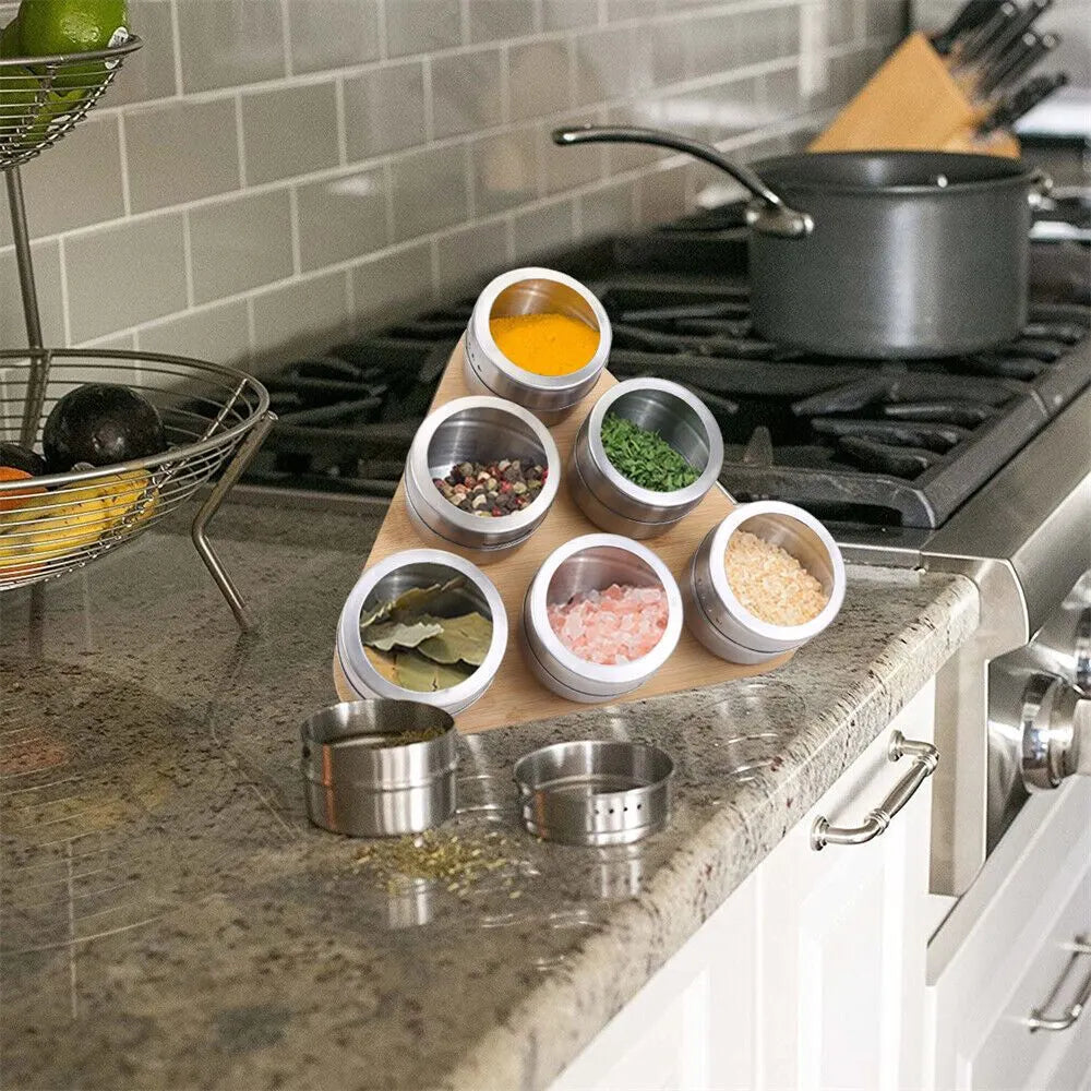 Magnetic Triangular Bamboo Spice Rack & Jars For Kitchen Storage - Image 5