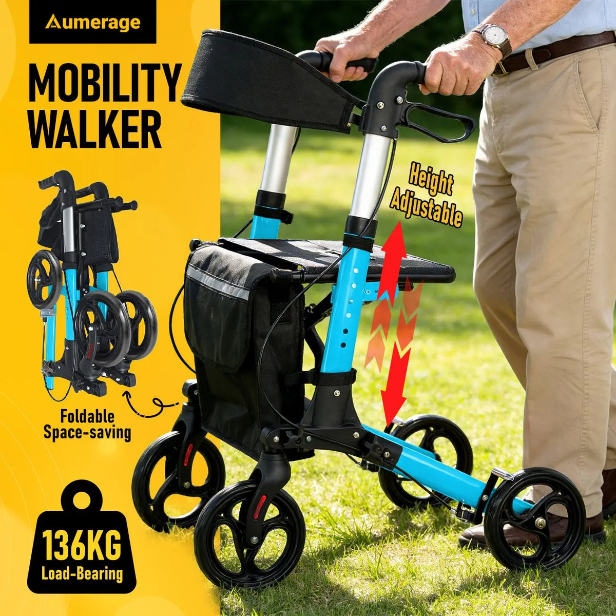 Foldable Aluminium Rollator Walker With Seat & Storage Bag, Adjustable Handles, 8" Wheels, Lightweight Walking Frame(66x60x93cm) - Image 4