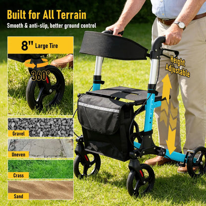 Foldable Aluminium Rollator Walker With Seat & Storage Bag, Adjustable Handles, 8" Wheels, Lightweight Walking Frame(66x60x93cm) - Image 6