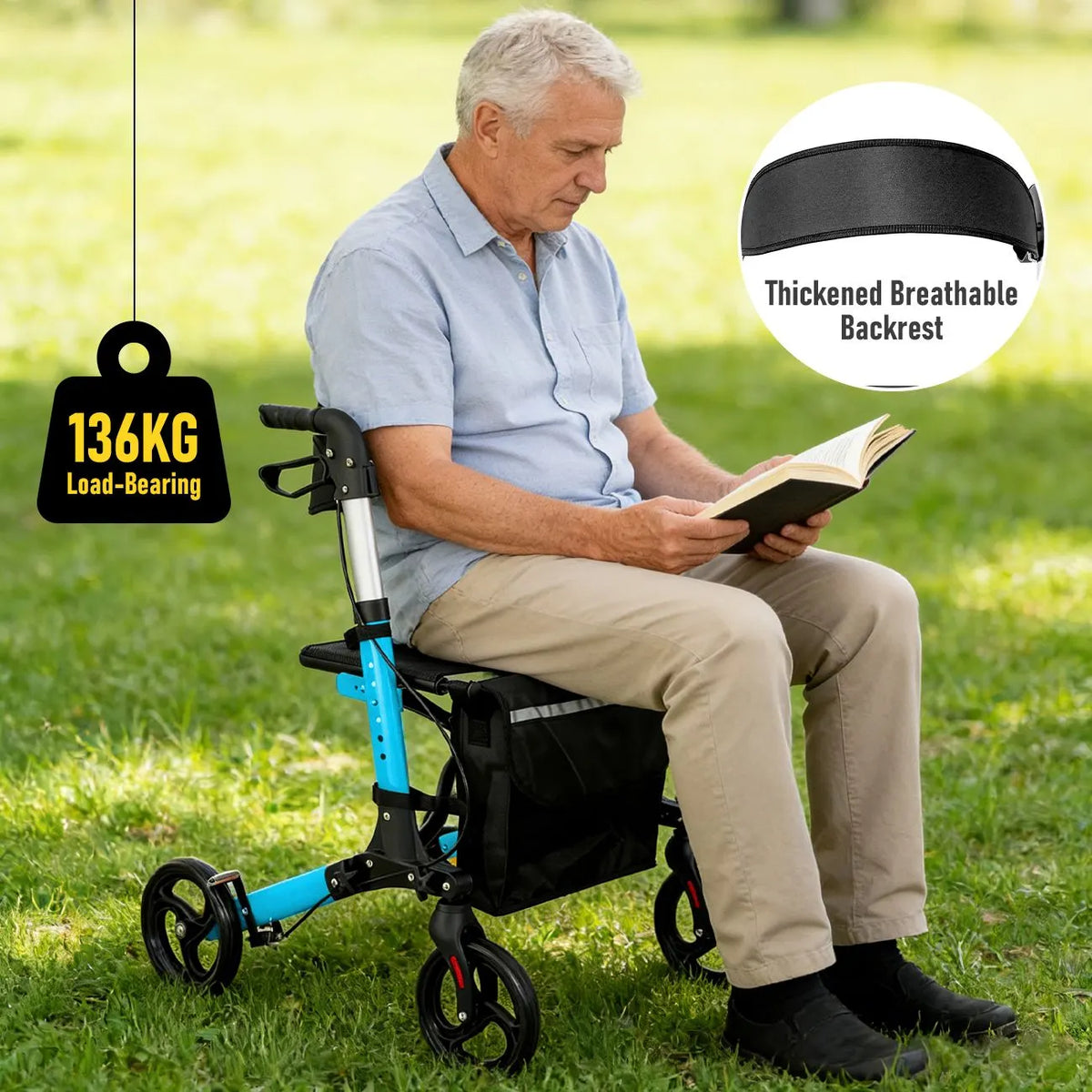 Foldable Aluminium Rollator Walker With Seat & Storage Bag, Adjustable Handles, 8" Wheels, Lightweight Walking Frame(66x60x93cm) - Image 7