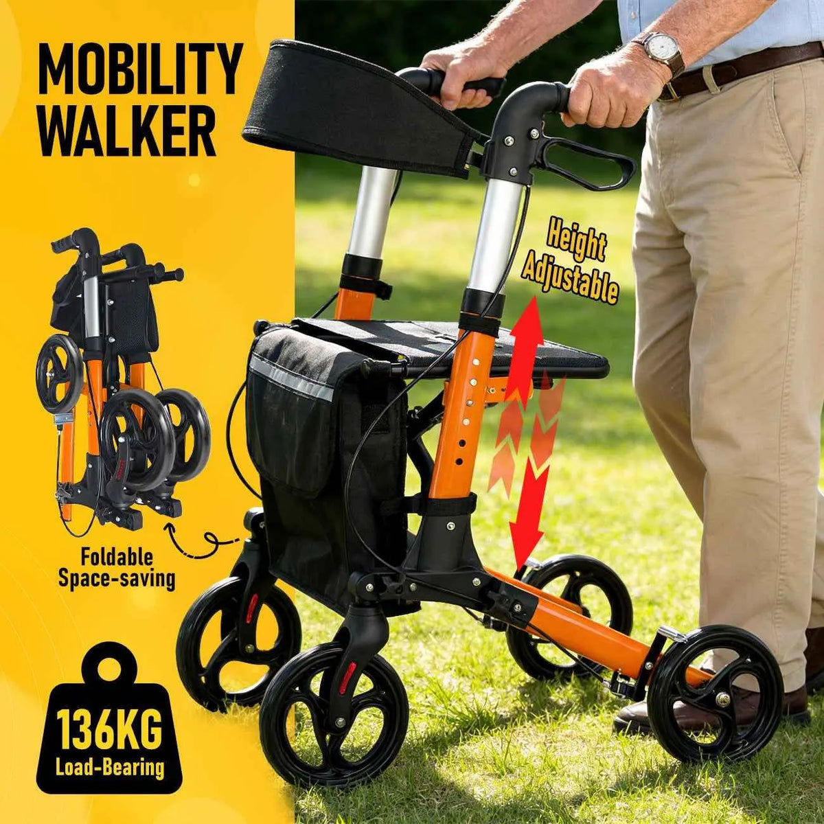 Foldable Aluminium Rollator Walker With Seat & Storage Bag, Adjustable Handles, 8" Wheels, Lightweight Walking Frame(66x60x93cm) - Image 3