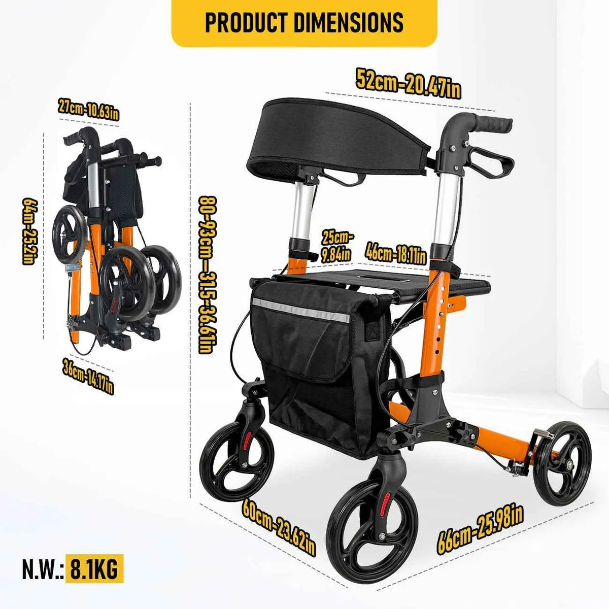 Foldable Aluminium Rollator Walker With Seat & Storage Bag, Adjustable Handles, 8" Wheels, Lightweight Walking Frame(66x60x93cm) - Image 4