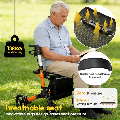 Foldable Aluminium Rollator Walker With Seat & Storage Bag, Adjustable Handles, 8" Wheels, Lightweight Walking Frame(66x60x93cm) - Image 6