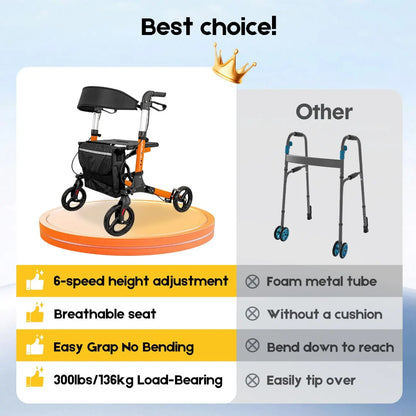Foldable Aluminium Rollator Walker With Seat & Storage Bag, Adjustable Handles, 8" Wheels, Lightweight Walking Frame(66x60x93cm) - Image 8