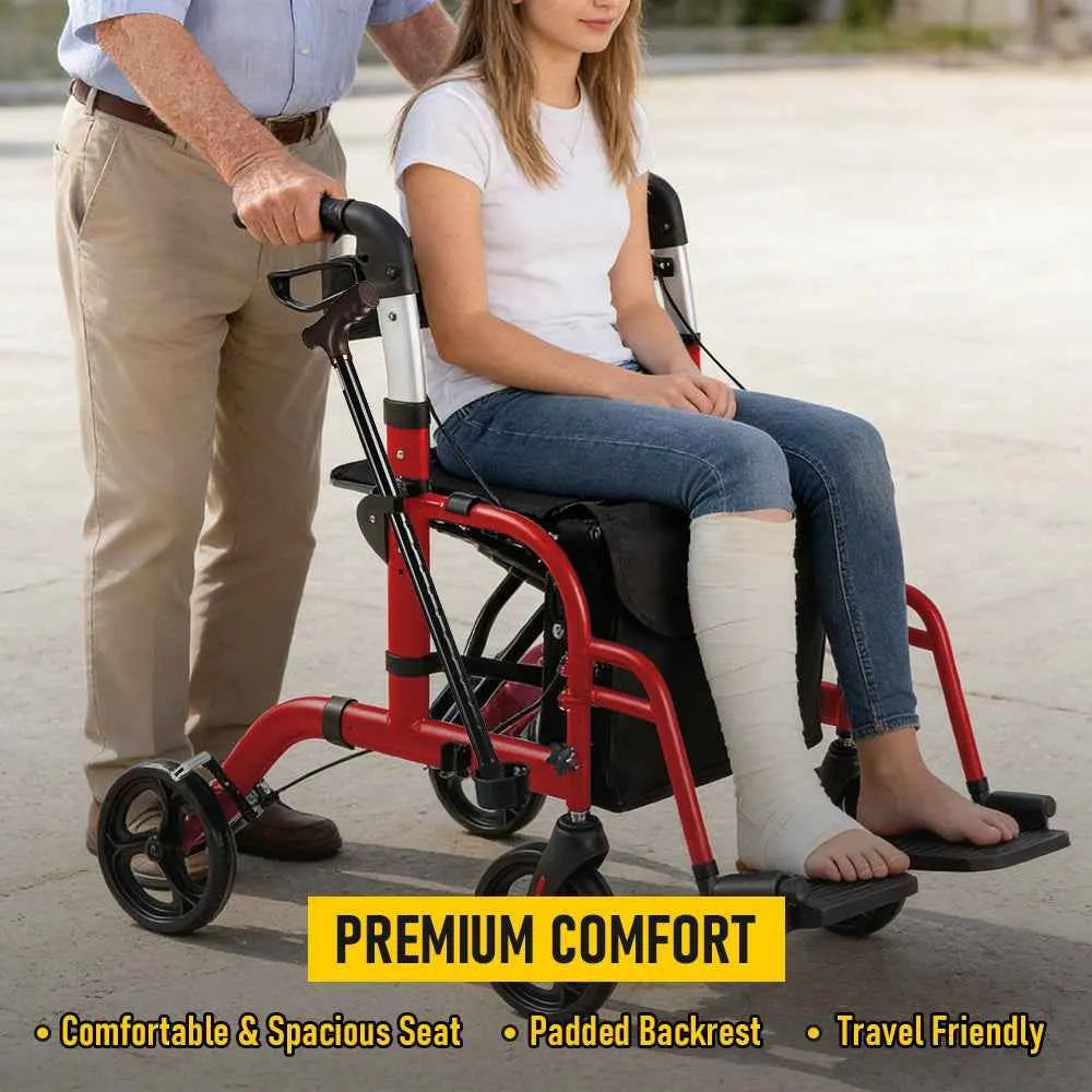 2-in-1 Foldable Aluminium Rollator Walker with Seat, Adjustable Handles, Storage Bag, 136kg Capacity(97x85x95cm) - Image 2