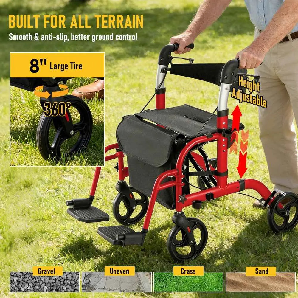 2-in-1 Foldable Aluminium Rollator Walker with Seat, Adjustable Handles, Storage Bag, 136kg Capacity(97x85x95cm) - Image 3