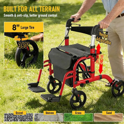 2-in-1 Foldable Aluminium Rollator Walker with Seat, Adjustable Handles, Storage Bag, 136kg Capacity(97x85x95cm) - Image 3
