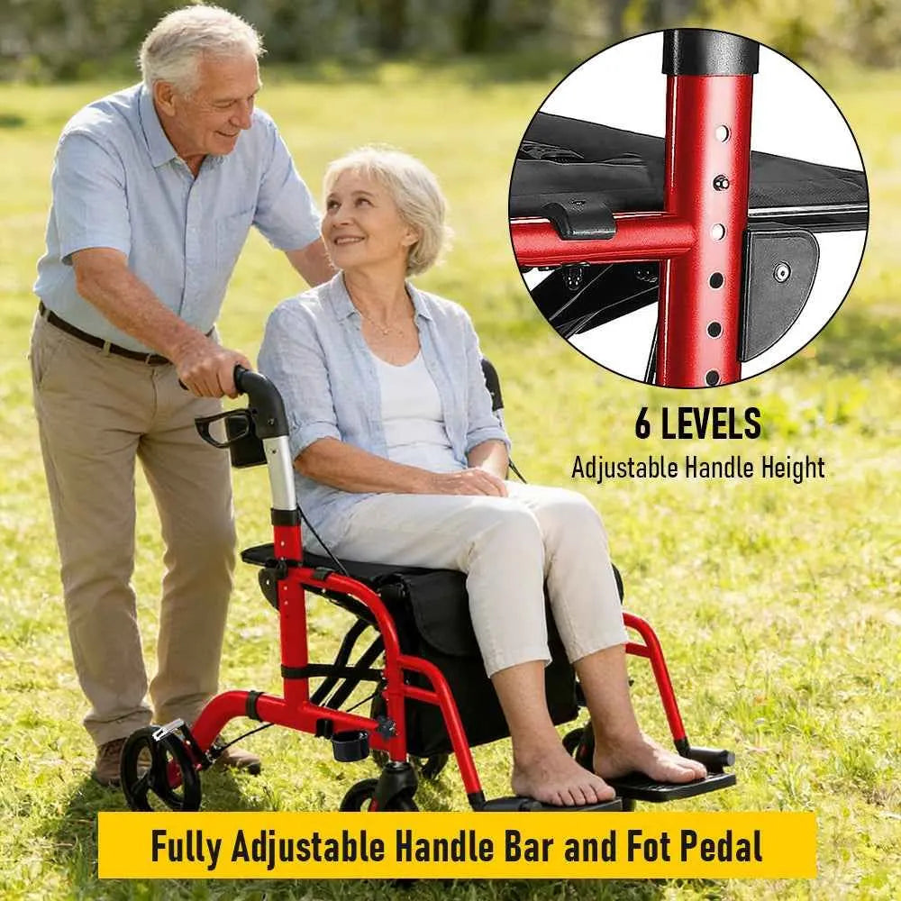 2-in-1 Foldable Aluminium Rollator Walker with Seat, Adjustable Handles, Storage Bag, 136kg Capacity(97x85x95cm) - Image 4