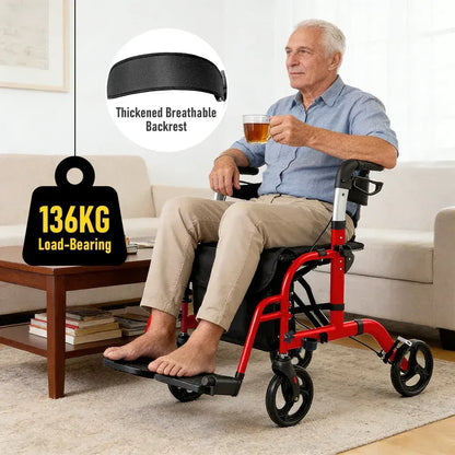 2-in-1 Foldable Aluminium Rollator Walker with Seat, Adjustable Handles, Storage Bag, 136kg Capacity(97x85x95cm) - Image 5