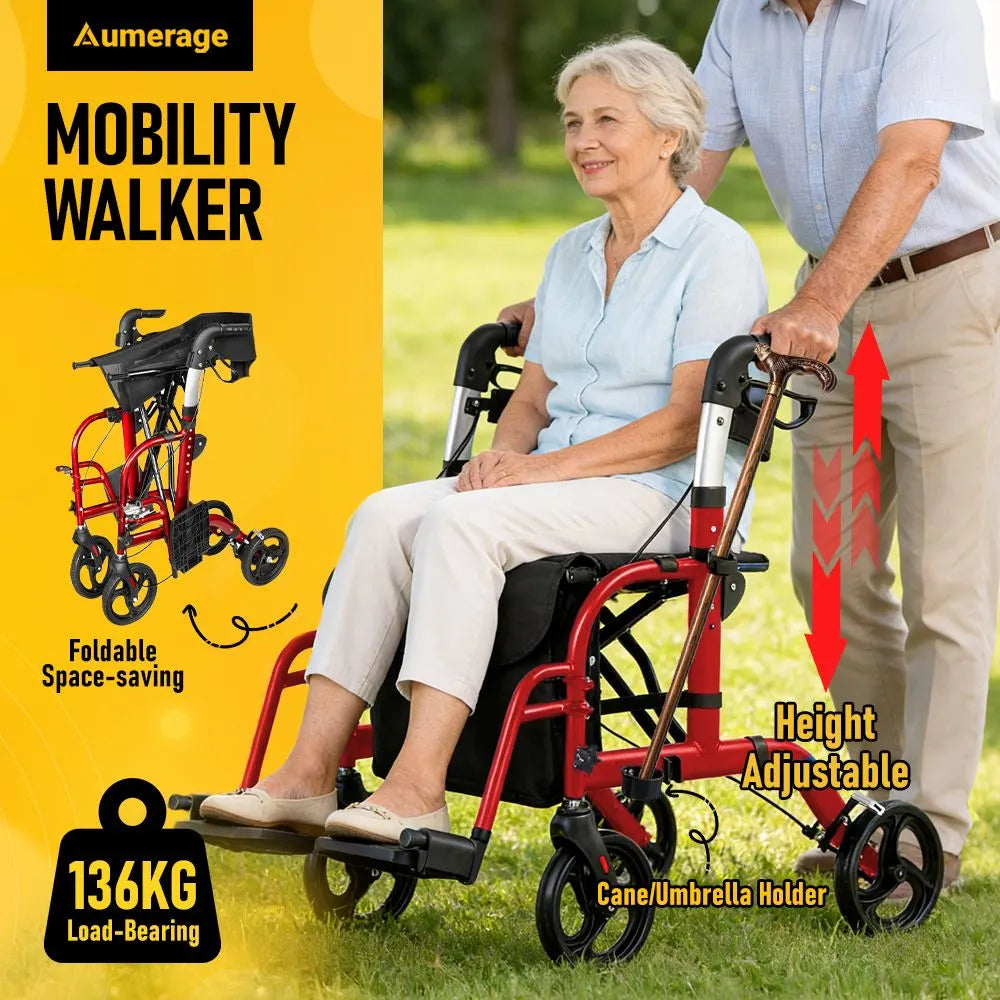 2-in-1 Foldable Aluminium Rollator Walker with Seat, Adjustable Handles, 8" All-Terrain Wheels, Detachable Storage Bag, 136kg Capacity, Lightweight Walking Frame for Indoor & Outdoor Use - Image 6