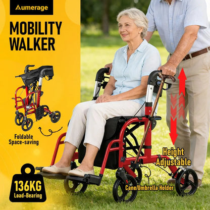 2-in-1 Foldable Aluminium Rollator Walker with Seat, Adjustable Handles, 8" All-Terrain Wheels, Detachable Storage Bag, 136kg Capacity, Lightweight Walking Frame for Indoor & Outdoor Use - Image 6