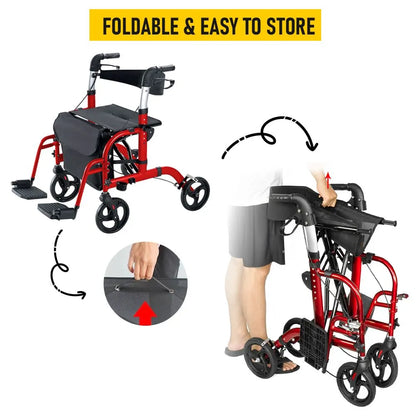 2-in-1 Foldable Aluminium Rollator Walker with Seat, Adjustable Handles, 8" All-Terrain Wheels, Detachable Storage Bag, 136kg Capacity, Lightweight Walking Frame for Indoor & Outdoor Use - Image 7