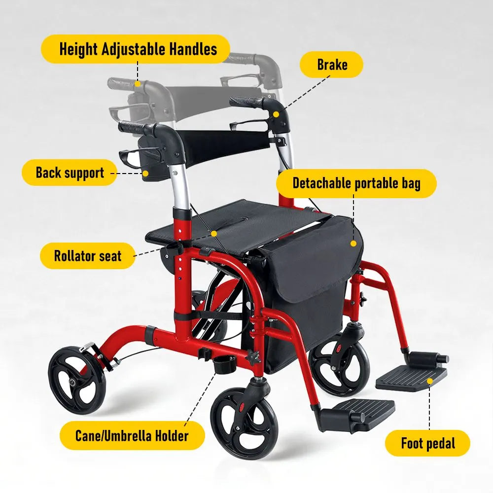 2-in-1 Foldable Aluminium Rollator Walker with Seat, Adjustable Handles, 8" All-Terrain Wheels, Detachable Storage Bag, 136kg Capacity, Lightweight Walking Frame for Indoor & Outdoor Use - Image 9