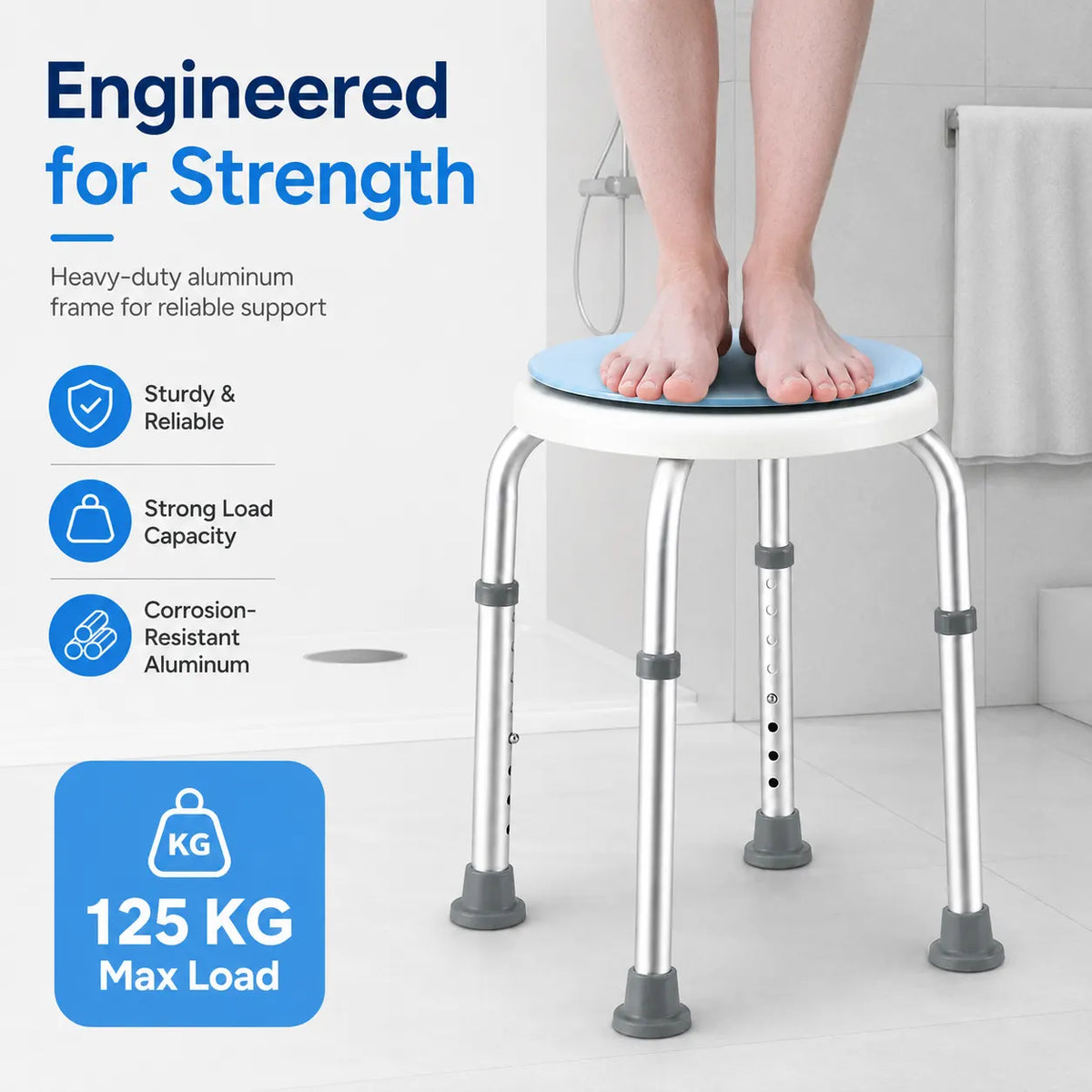 Bath Stool for Seniors, Swivel Seat & Non-Slip Height-Adjustable Round Shower Bench, Rotating Design, for Seniors Elderly, 125kg Capacity - Image 2