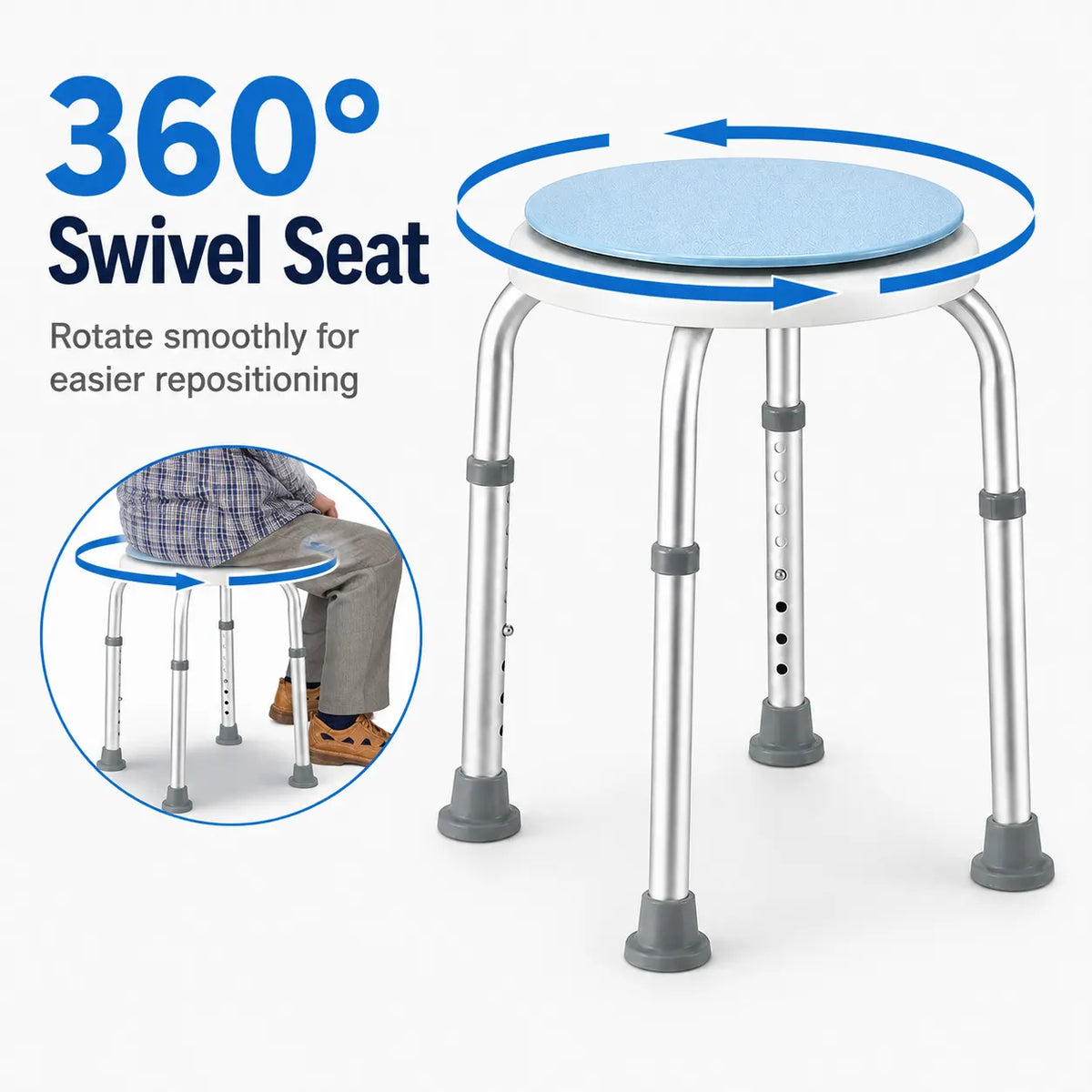 Bath Stool for Seniors, Swivel Seat & Non-Slip Height-Adjustable Round Shower Bench, Rotating Design, for Seniors Elderly, 125kg Capacity - Image 3