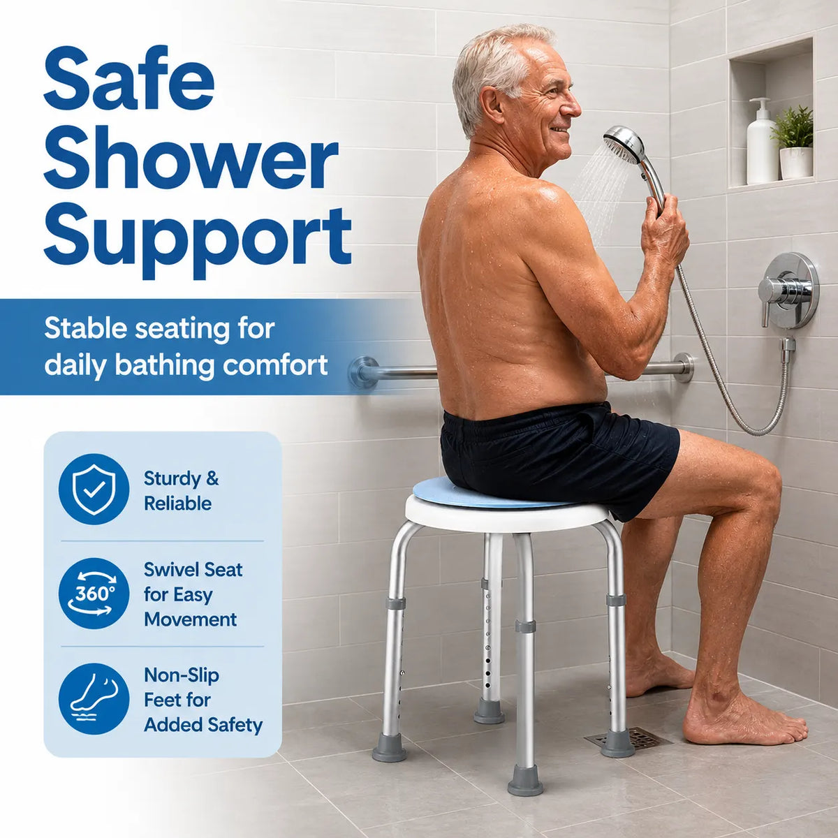 Bath Stool for Seniors, Swivel Seat & Non-Slip Height-Adjustable Round Shower Bench, Rotating Design, for Seniors Elderly, 125kg Capacity - Image 4