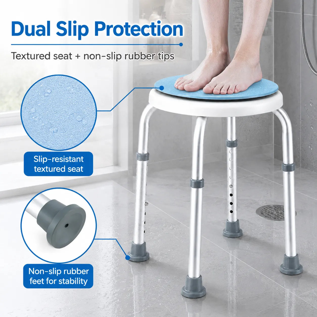 Bath Stool for Seniors, Swivel Seat & Non-Slip Height-Adjustable Round Shower Bench, Rotating Design, for Seniors Elderly, 125kg Capacity - Image 5