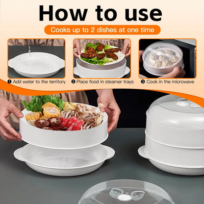 2 Tier Microwave Food Steamer 21cm, Oil-Free Cooking, Food Grade PP, Cooks Two Dishes at Once - Image 2