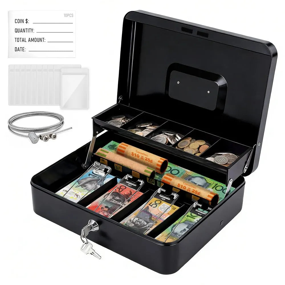 Lockable Metal Cash Box with 2 Keys, 4 Bill & 5 Coin Tray, Security Money Box with Anti-Loss Rope