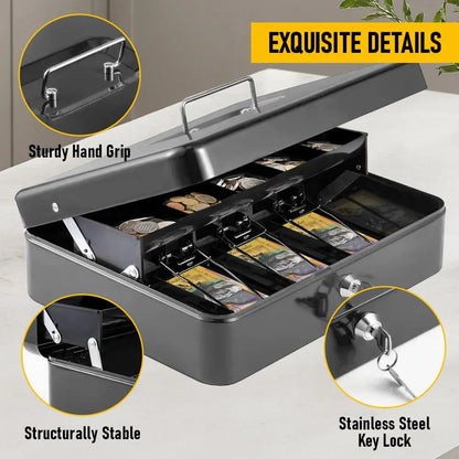 Lockable Metal Cash Box with 2 Keys, 4 Bill & 5 Coin Tray, Security Money Box with Anti-Loss Rope - Image 4