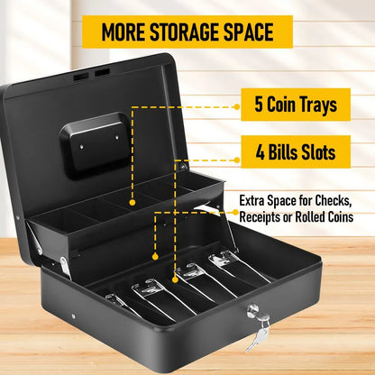 Lockable Metal Cash Box with 2 Keys, 4 Bill & 5 Coin Tray, Security Money Box with Anti-Loss Rope - Image 5