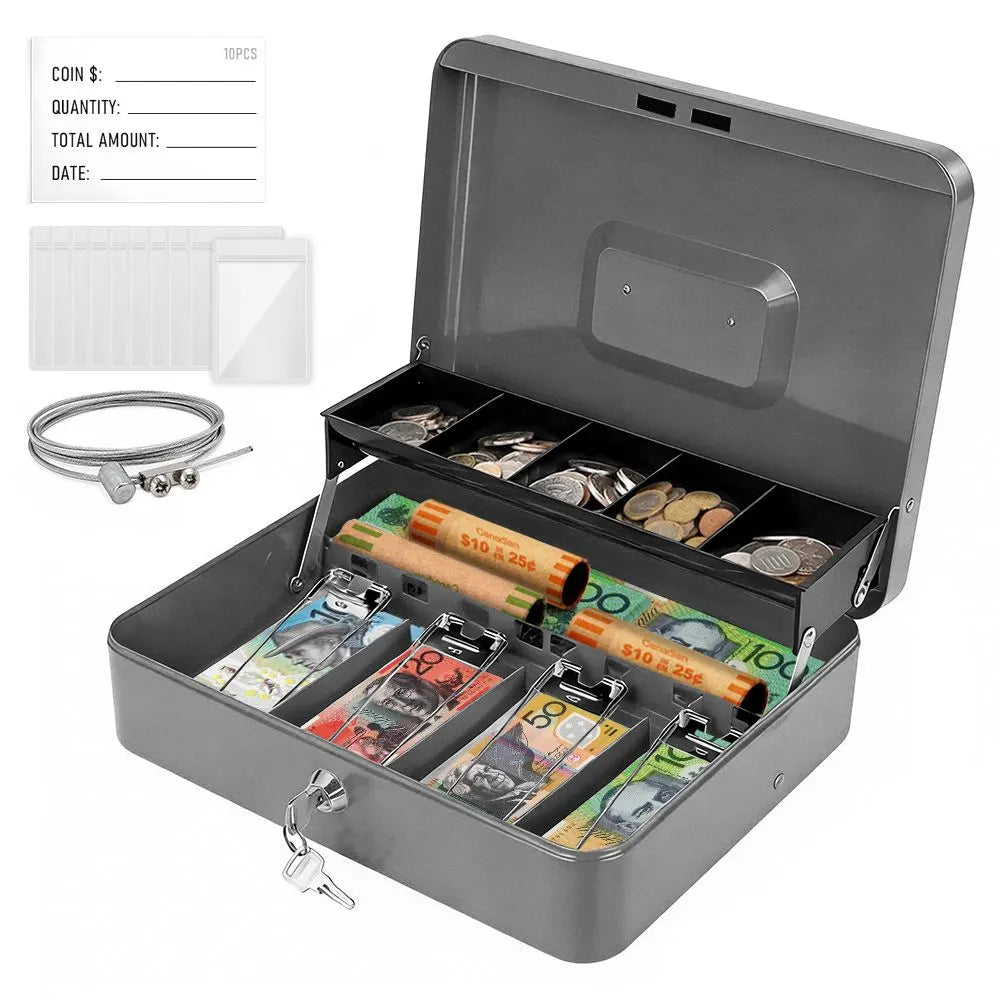Lockable Metal Cash Box with 2 Keys, 4 Bill & 5 Coin Tray, Security Money Box with Anti-Loss Rope
