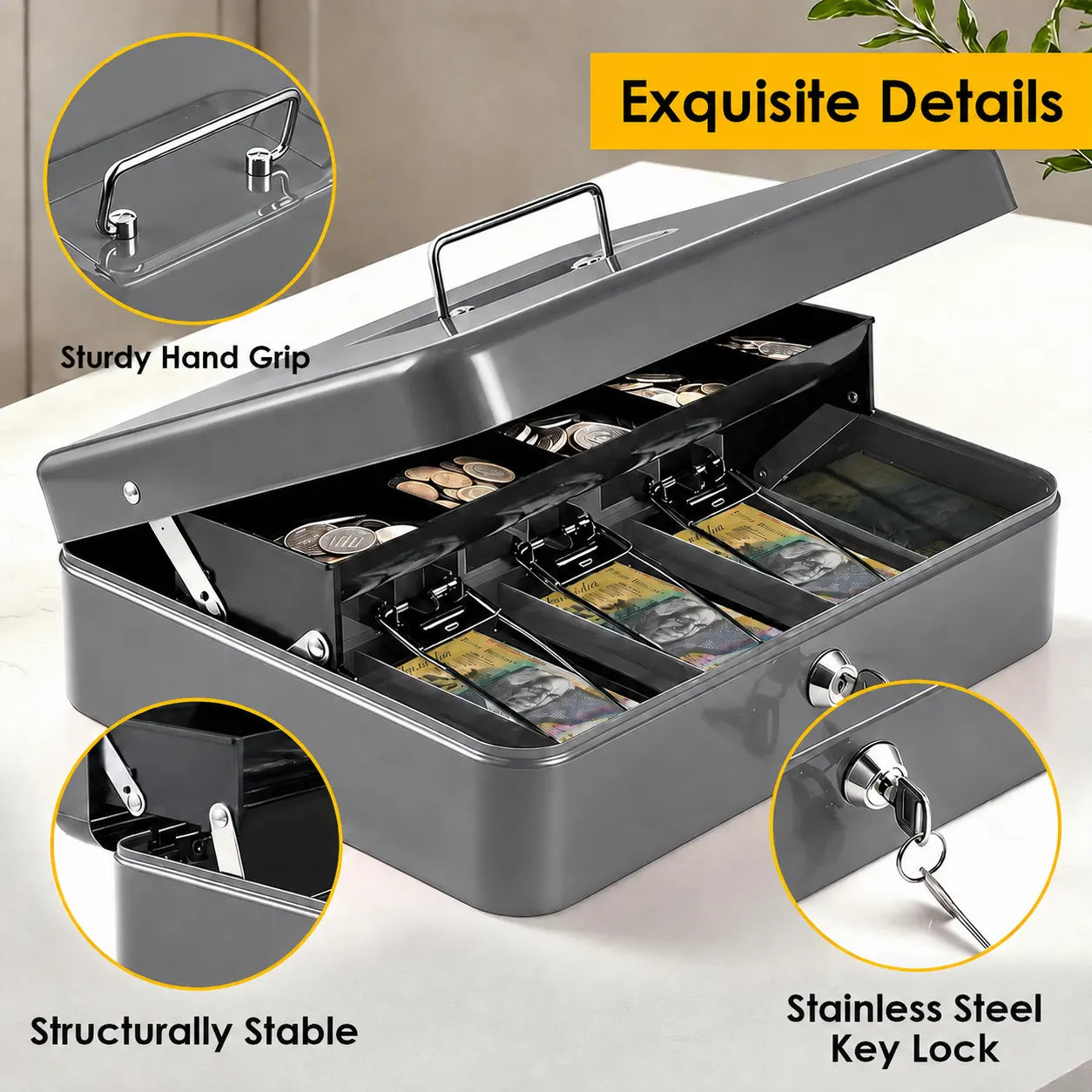 Lockable Metal Cash Box with 2 Keys, 4 Bill & 5 Coin Tray, Security Money Box with Anti-Loss Rope - Image 3
