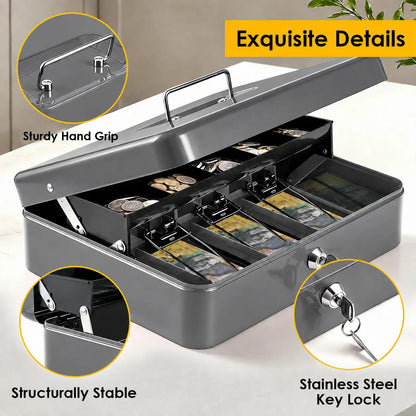 Lockable Metal Cash Box with 2 Keys, 4 Bill & 5 Coin Tray, Security Money Box with Anti-Loss Rope - Image 3