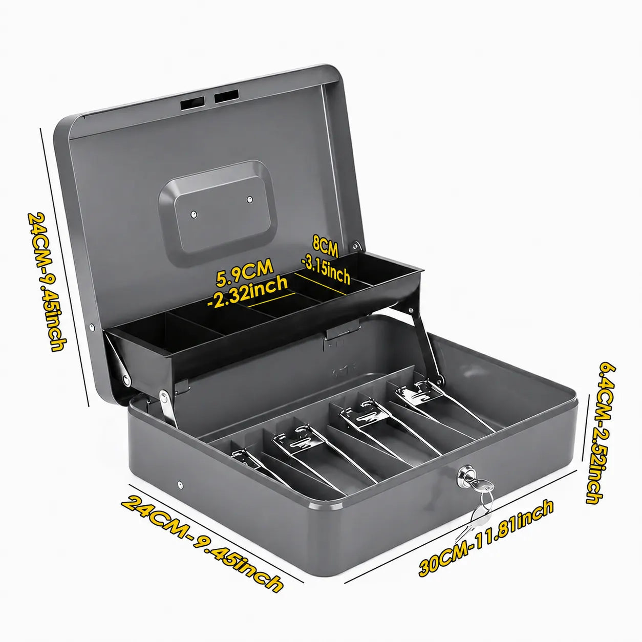 Lockable Metal Cash Box with 2 Keys, 4 Bill & 5 Coin Tray, Security Money Box with Anti-Loss Rope - Image 4