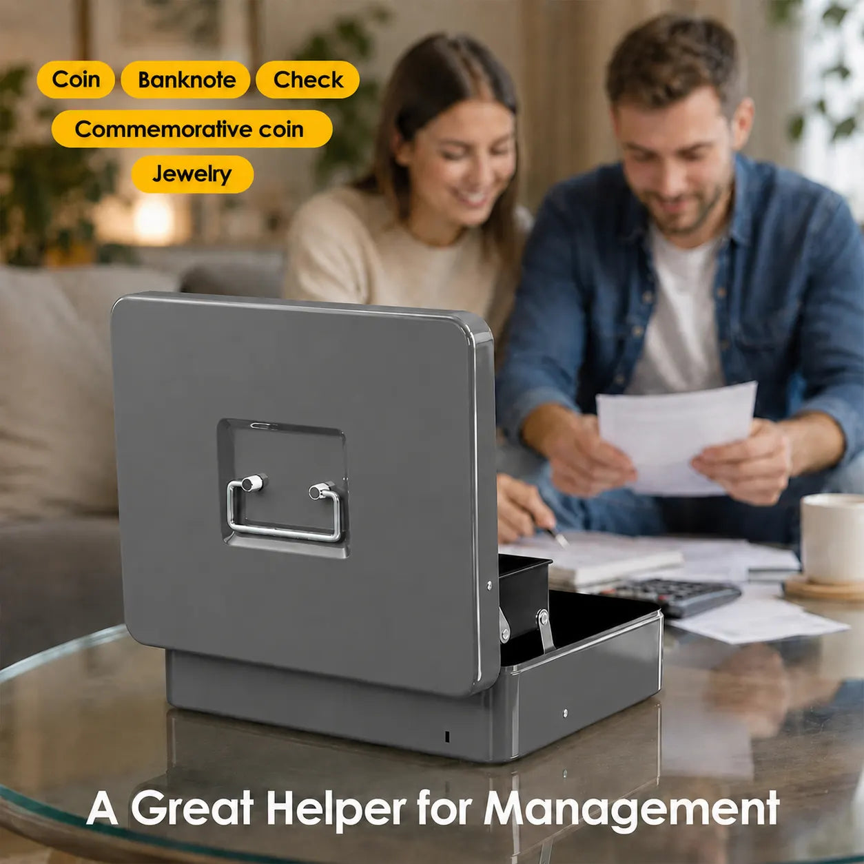 Lockable Metal Cash Box with 2 Keys, 4 Bill & 5 Coin Tray, Security Money Box with Anti-Loss Rope - Image 5
