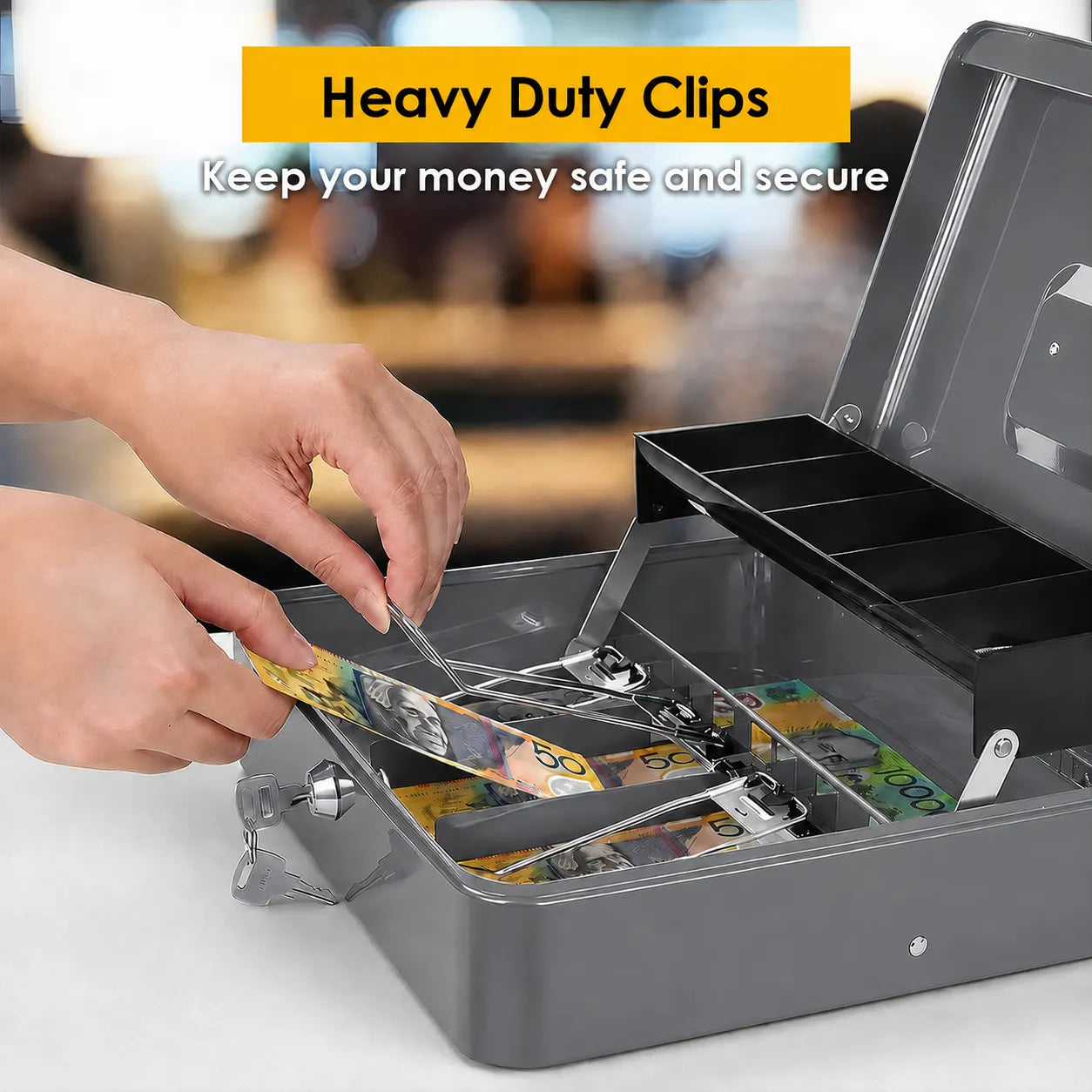 Lockable Metal Cash Box with 2 Keys, 4 Bill & 5 Coin Tray, Security Money Box with Anti-Loss Rope - Image 6