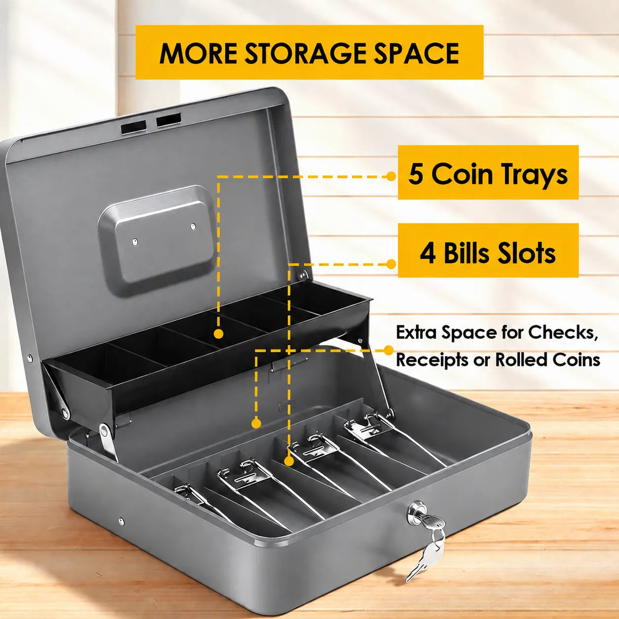 Lockable Metal Cash Box with 2 Keys, 4 Bill & 5 Coin Tray, Security Money Box with Anti-Loss Rope - Image 9
