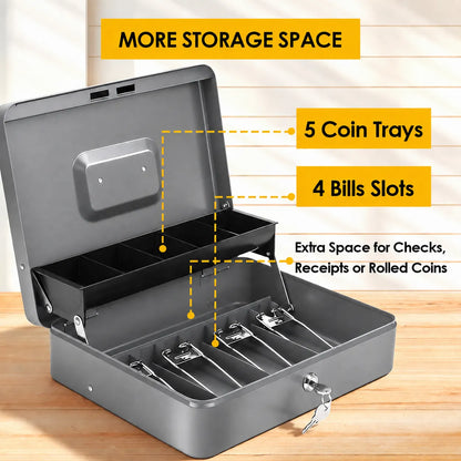 Lockable Metal Cash Box with 2 Keys, 4 Bill & 5 Coin Tray, Security Money Box with Anti-Loss Rope - Image 9