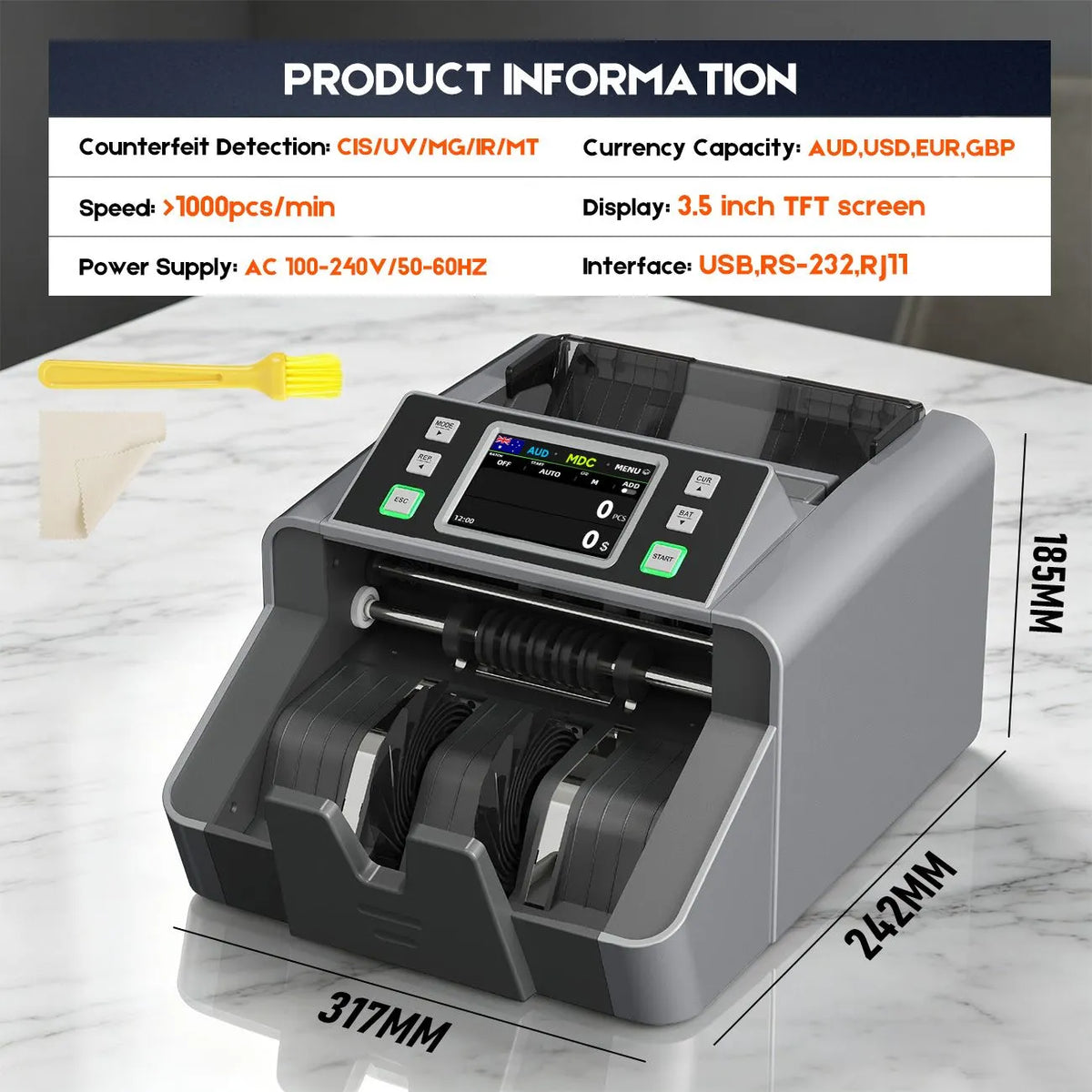 Mixed Denomination Money Counter with Counterfeit Detection, Touch Screen, and CIS/UV/MG/IR/MT, USD, AUD, EUR, CAD Cash Counter for Business, Merchant - Image 5
