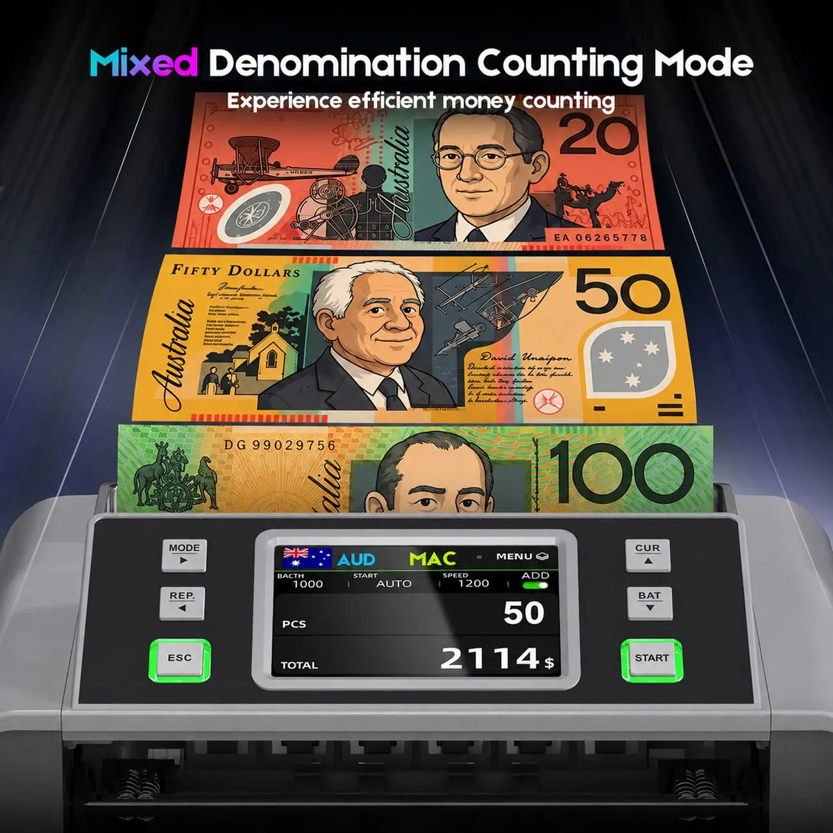 Mixed Denomination Money Counter with Counterfeit Detection, Touch Screen, and CIS/UV/MG/IR/MT, USD, AUD, EUR, CAD Cash Counter for Business, Merchant - Image 6