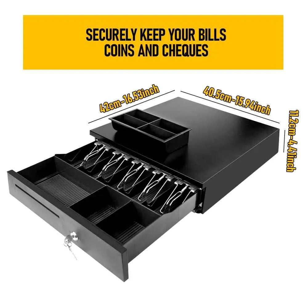 Heavy Duty Metal Cash Drawer, 5 Note&6 Coin Trays,Black(40.5x42x11.2cm) - Image 2