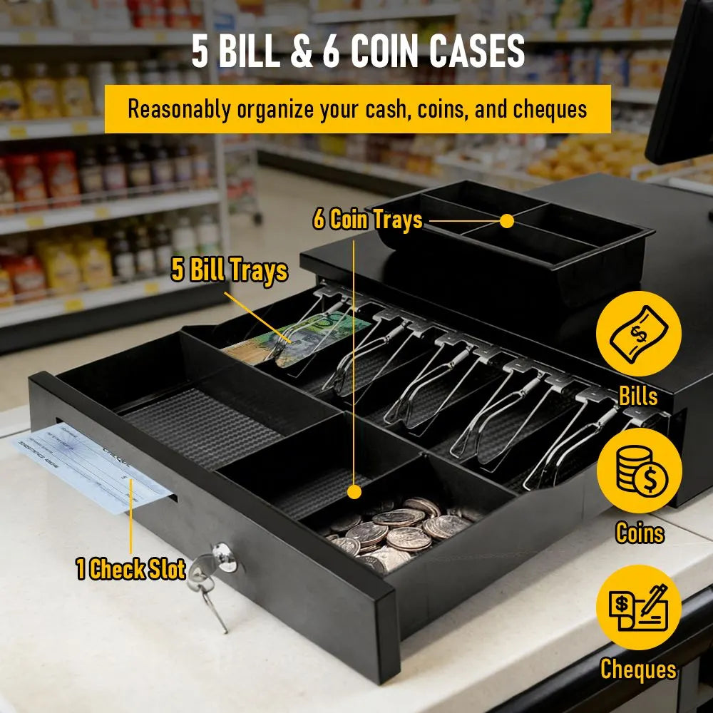 Heavy Duty Metal Cash Drawer, 5 Note&6 Coin Trays,Black(40.5x42x11.2cm) - Image 7