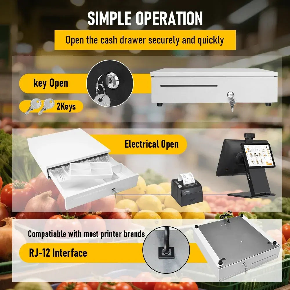 Heavy Duty Metal Cash Drawer, 5 Note & 6 Coin Trays,White(40.5x42x11.2cm) - Image 2