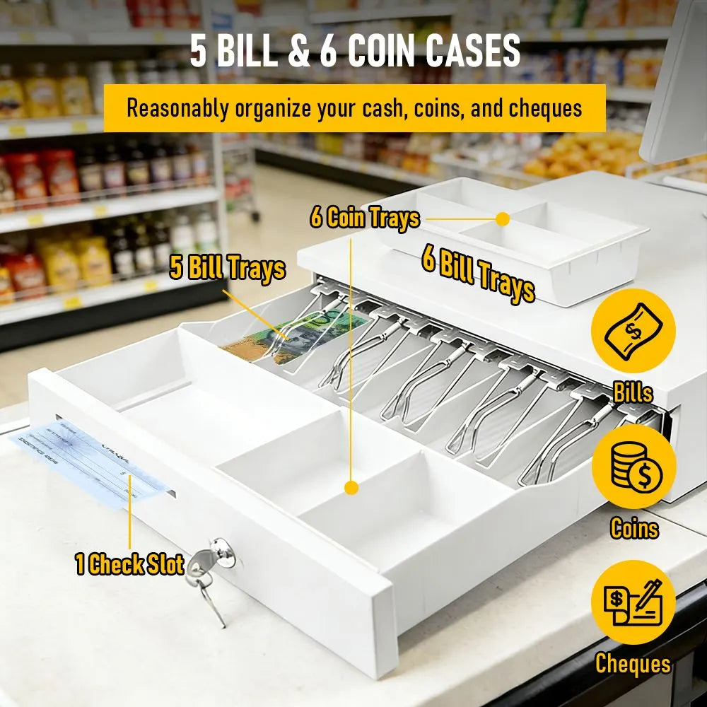 Heavy Duty Metal Cash Drawer, 5 Note & 6 Coin Trays,White(40.5x42x11.2cm) - Image 7